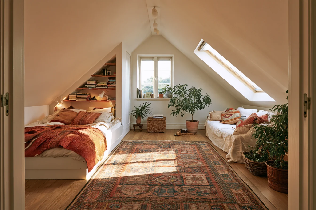 Two low beds tucked into opposite sides of an attic room with shelves, a patterned rug, and a central walkway.