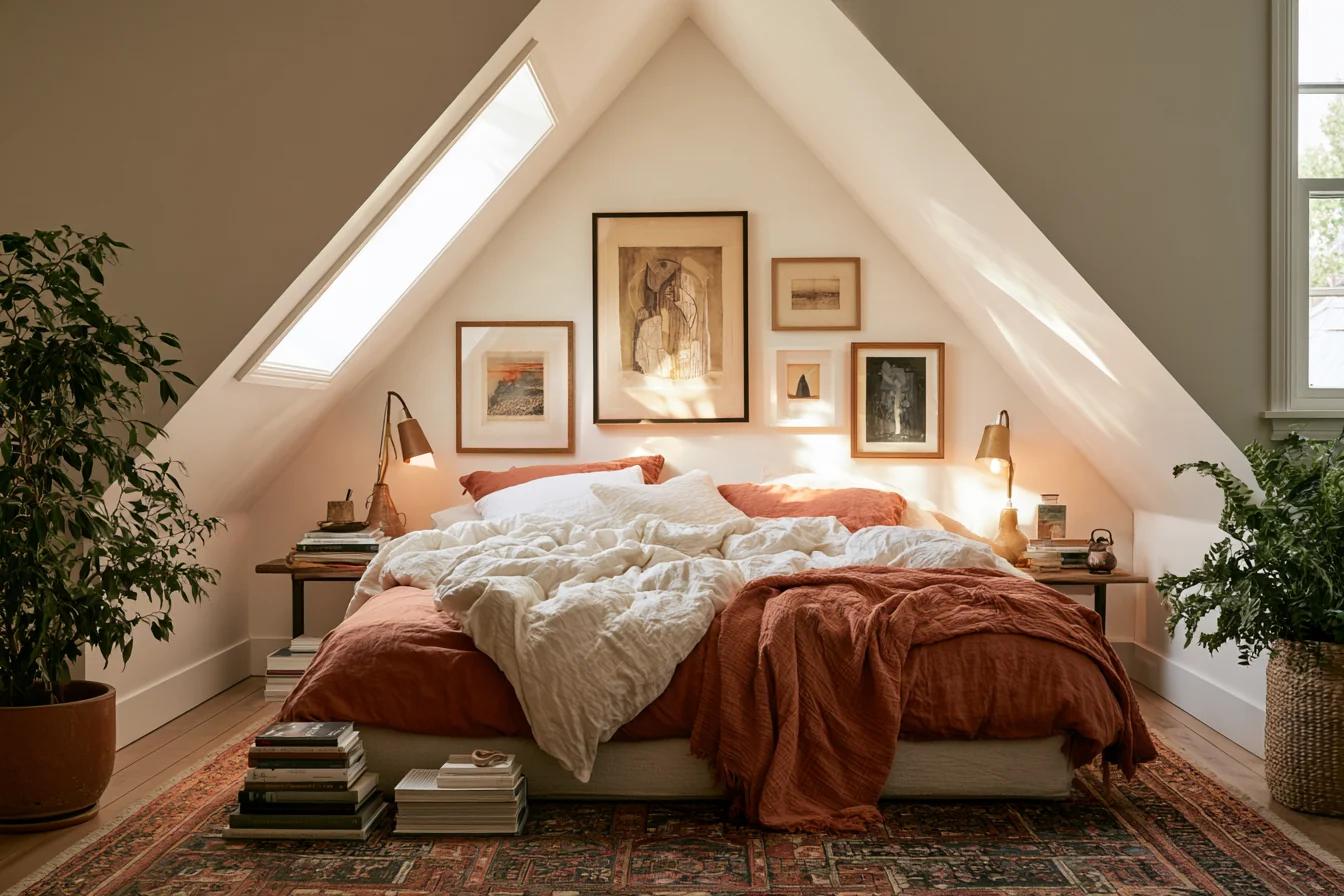 White attic bedroom with a bed against the end wall, framed art, rust bedding, and a roof window.