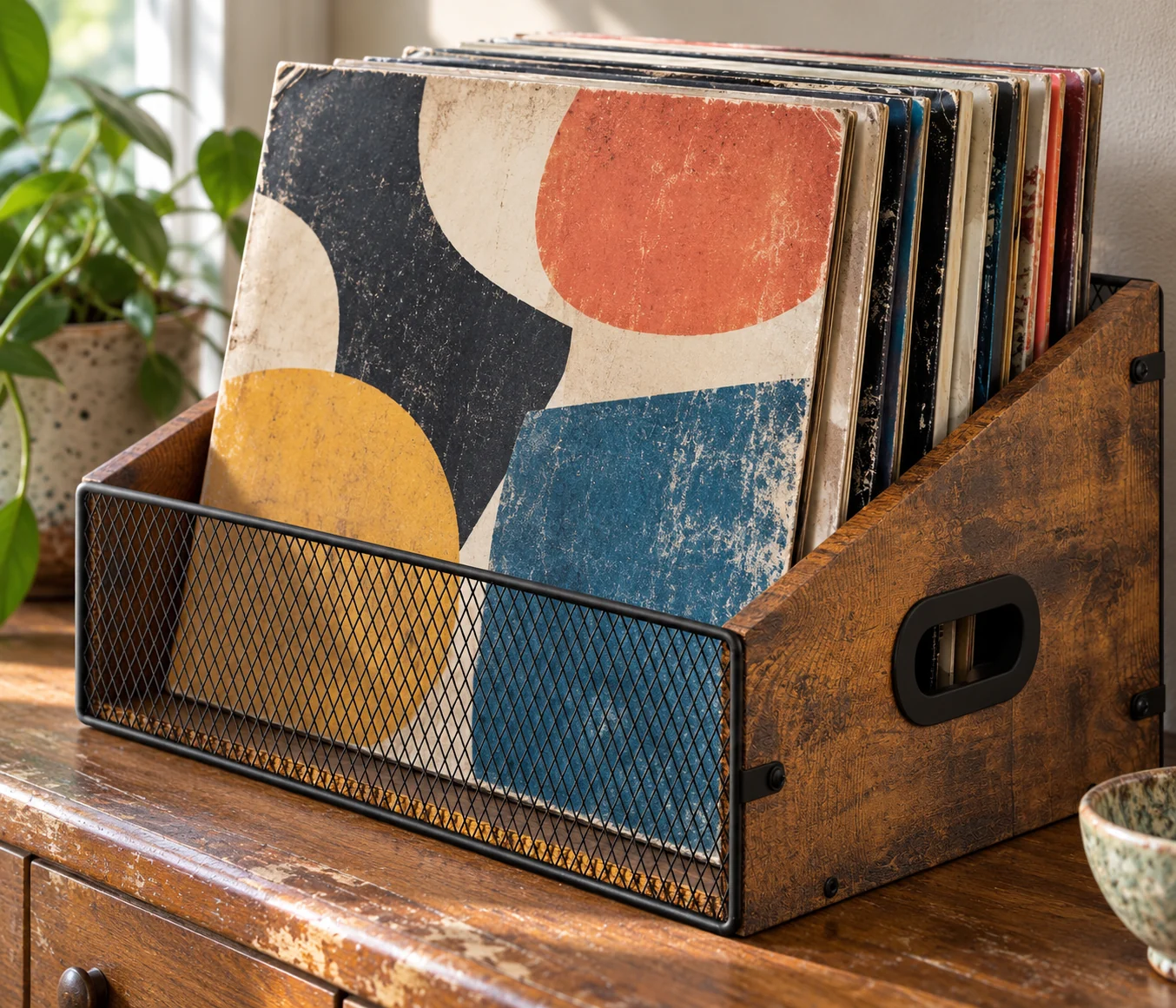 Close-up of a rustic wood vinyl record holder with a black mesh front and colorful sleeves.