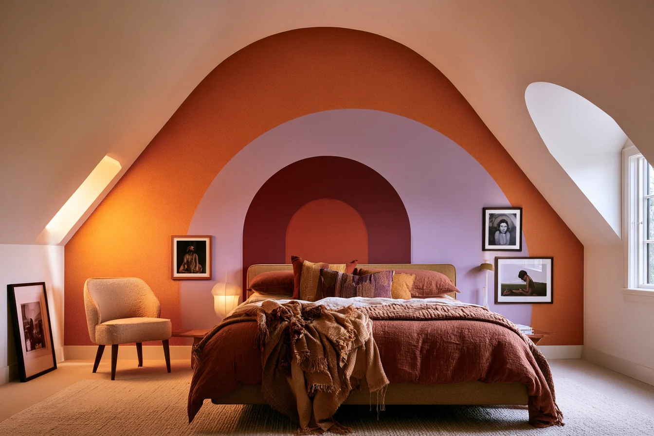 Attic bedroom painted in warm terracotta and peach, with layered arches behind a low bed.
