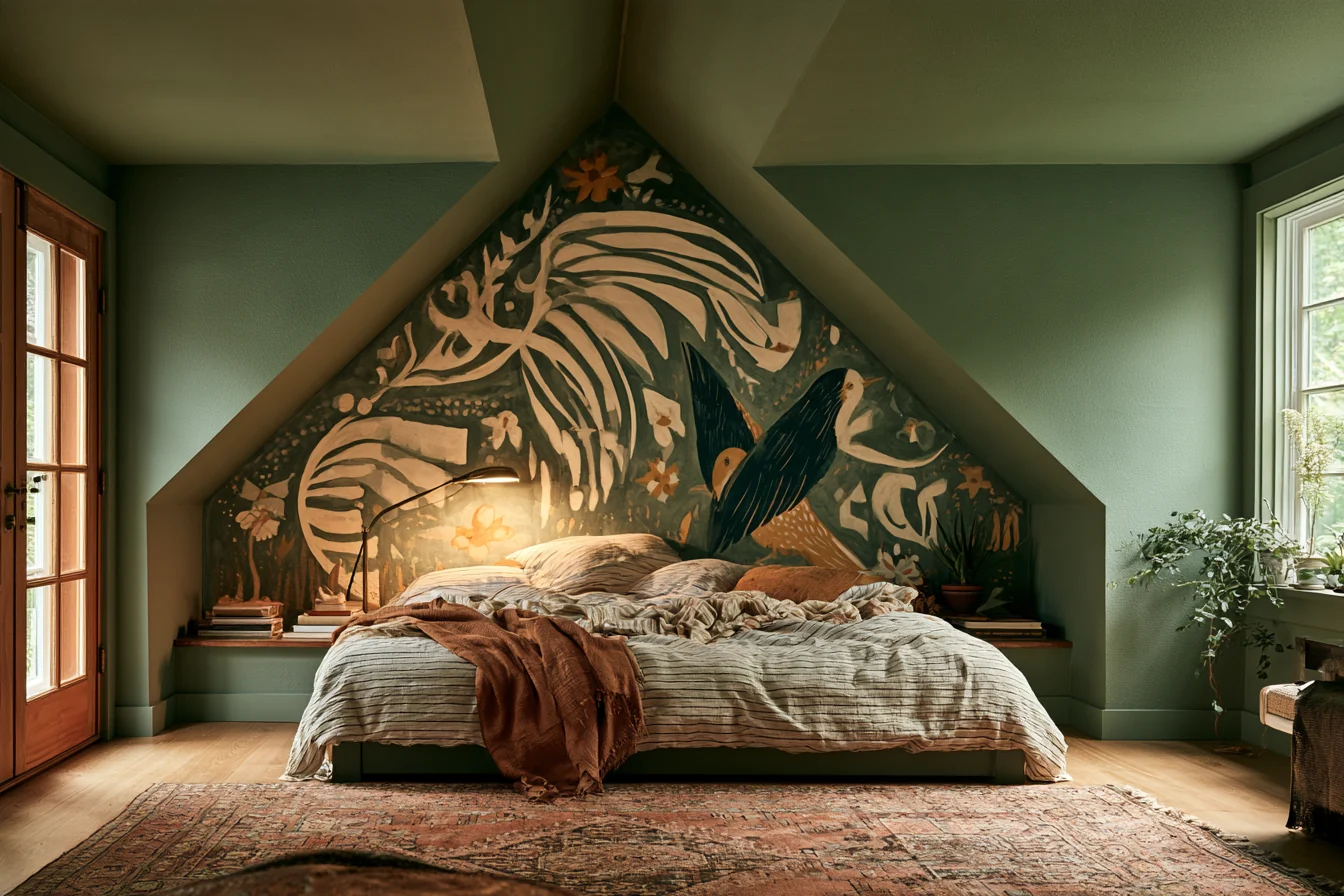Low bed in a green attic bedroom with a botanical mural across the triangular end wall.