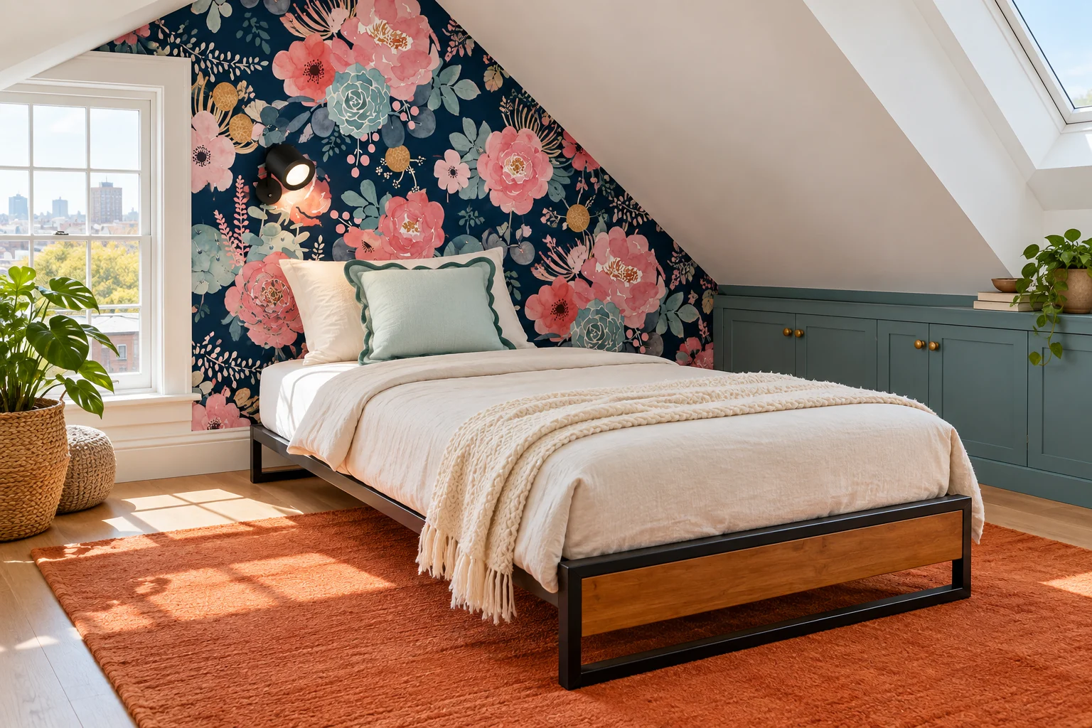 Modern attic bedroom with navy floral wallpaper, a wall-mounted reading light, mint pillow, and low platform bed.