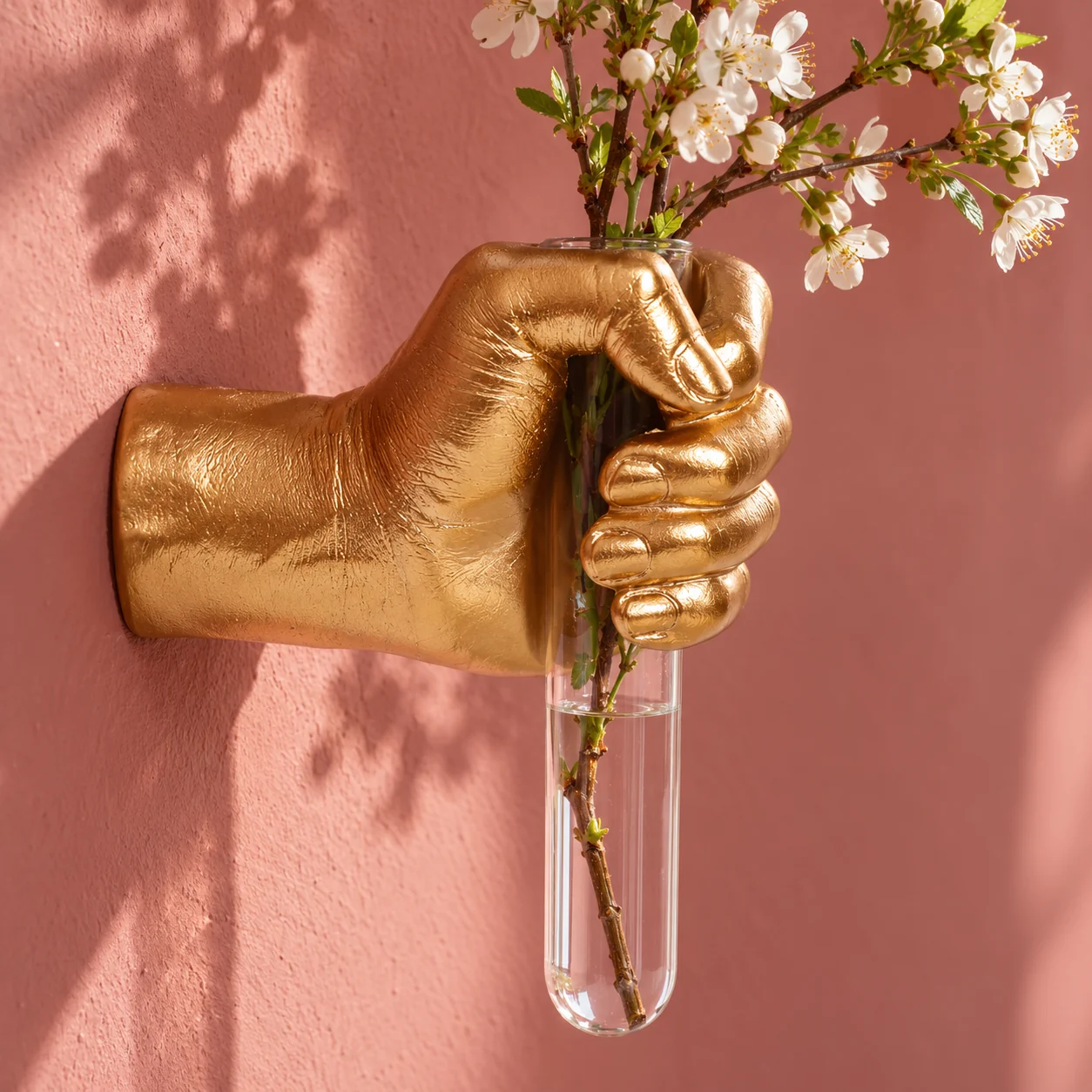 Gold hand-shaped wall vase holding a clear tube of white blossoms against a pink wall.