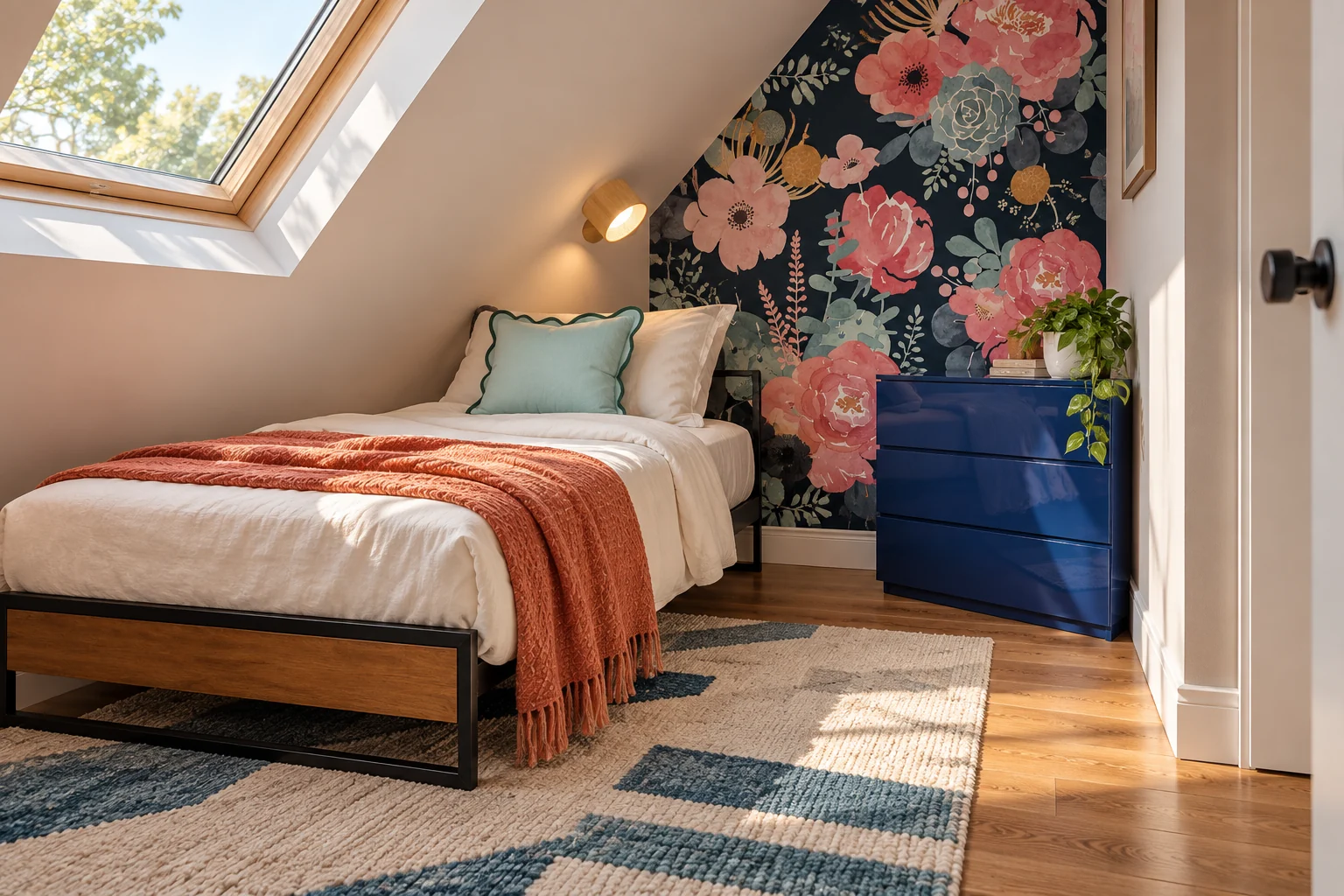 Attic bedroom with a warm wall light, navy floral accent wall, blue chest, and pale mint pillow.