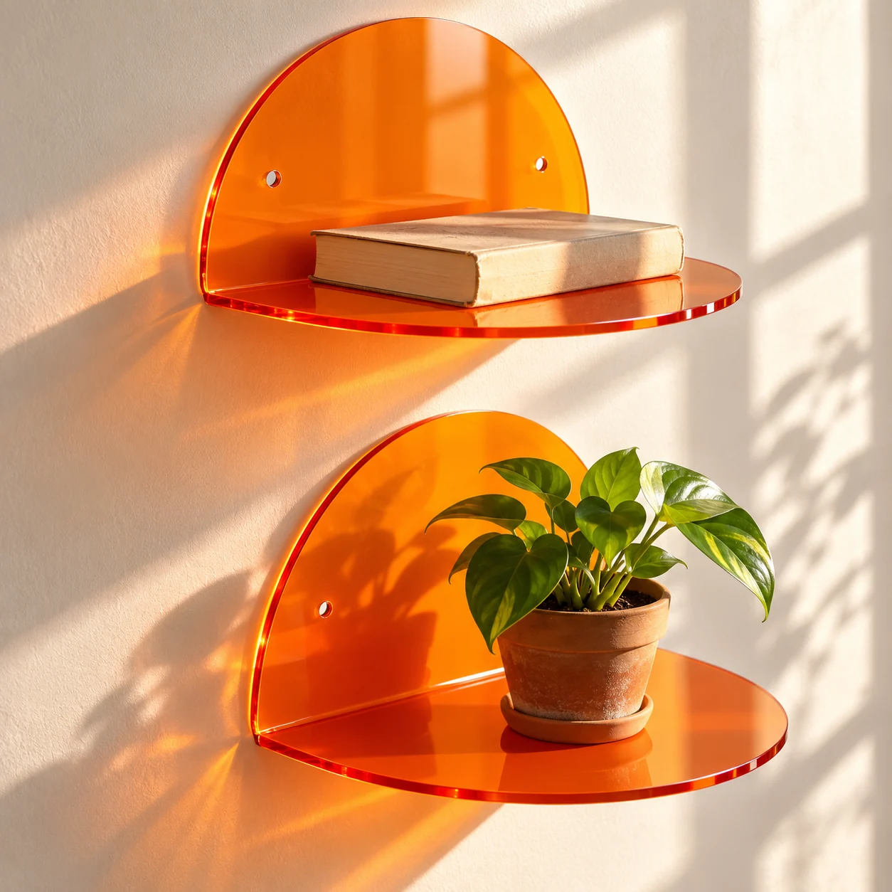 Two translucent orange half-circle wall shelves holding a book and a small plant.