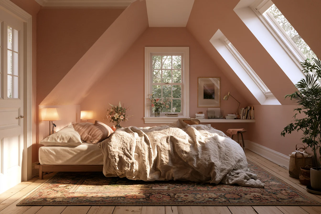 Soft pink attic bedroom with a low bed, a dormer window, and a roof window beside the slope.