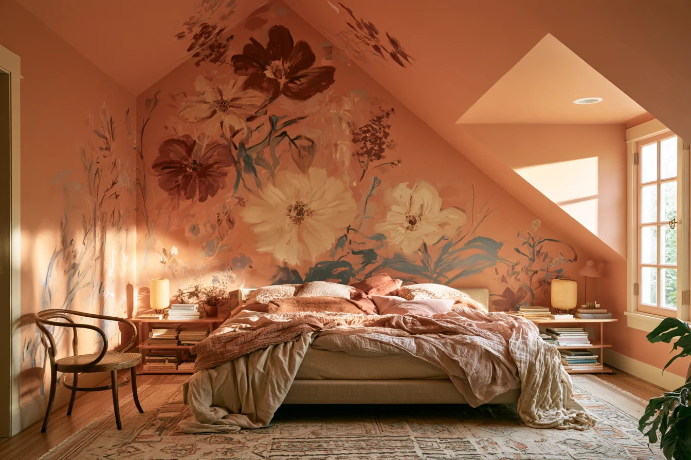 Peach attic bedroom with an oversized floral mural behind the bed and an angled ceiling.