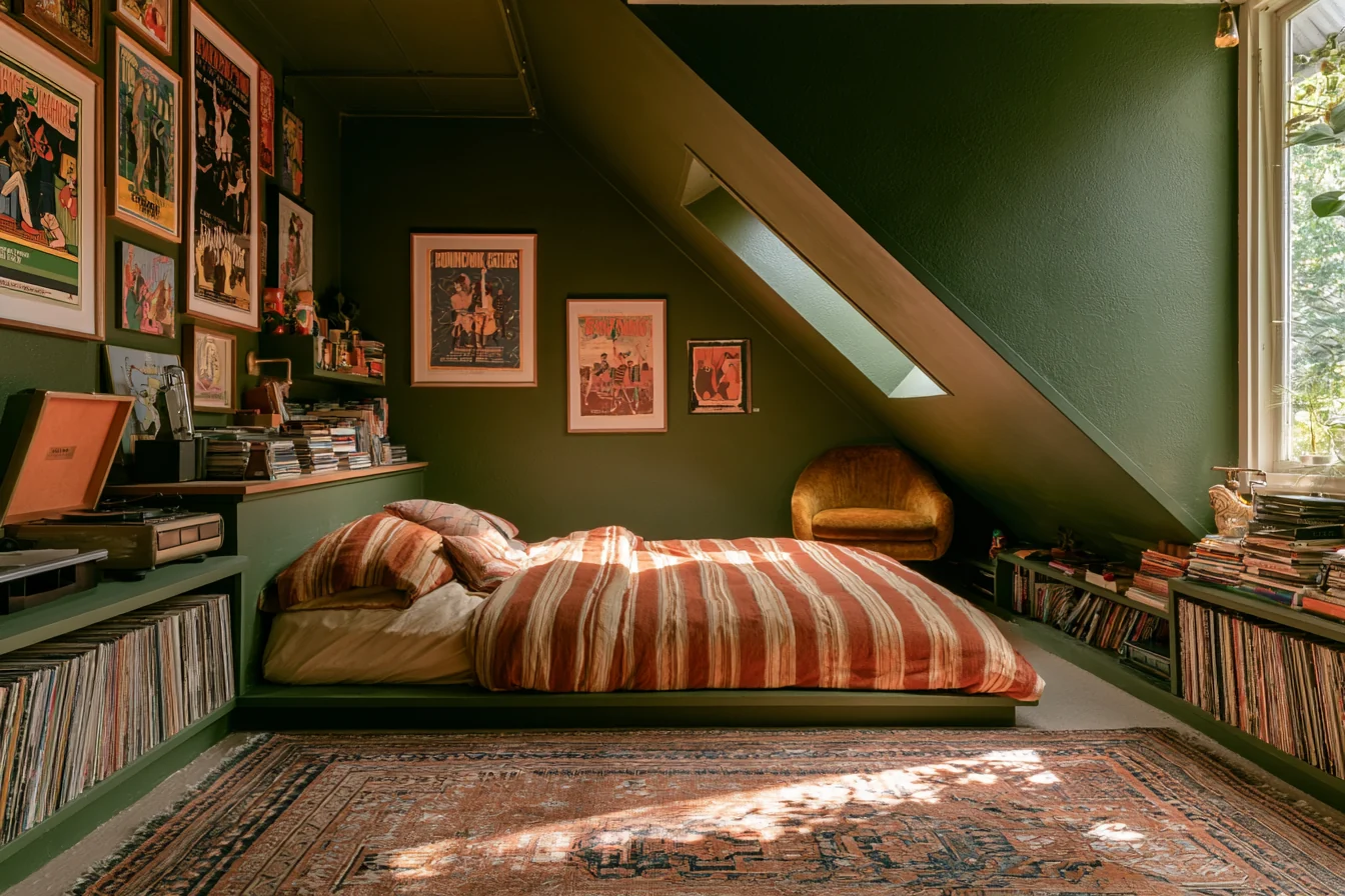 Deep green attic bedroom with a low bed, striped bedding, wall art, and a large patterned rug.