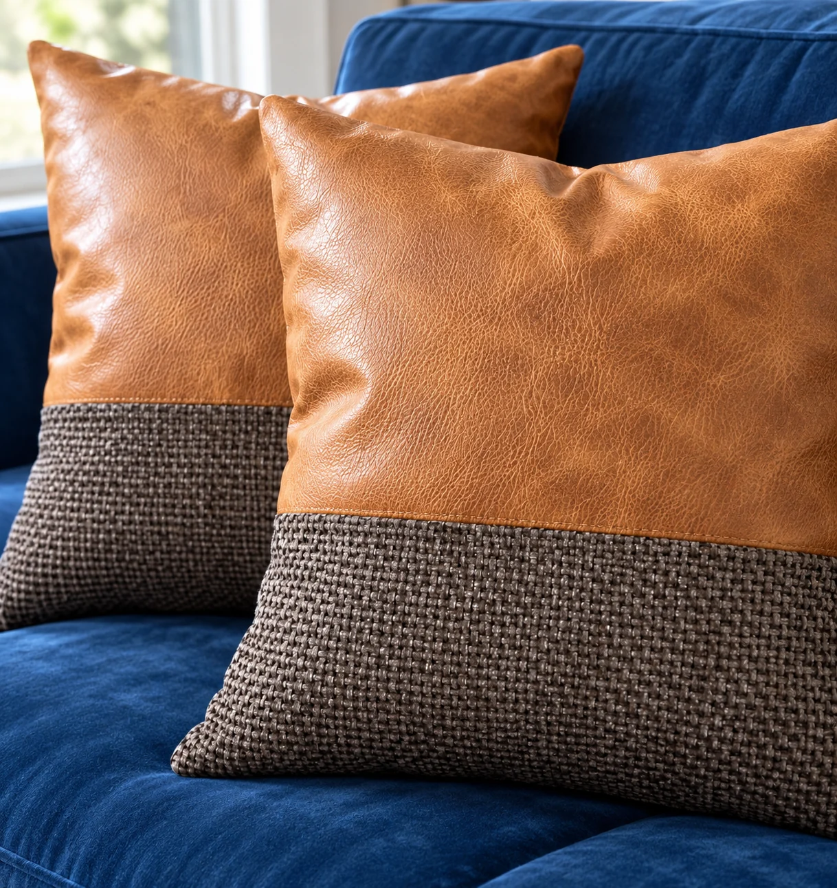 Pair of brown leather-look and dark woven pillow covers on a blue sofa.