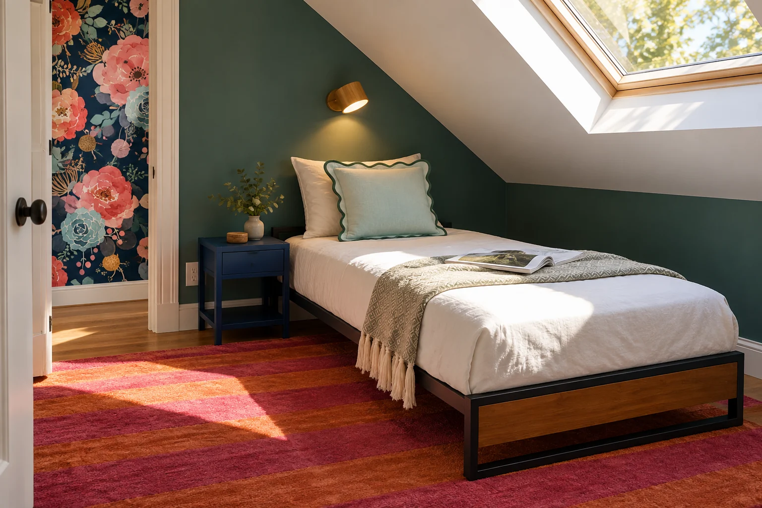 Sea-green attic bedroom with a low platform bed, mint scalloped pillow, warm wall light, and colorful rug.