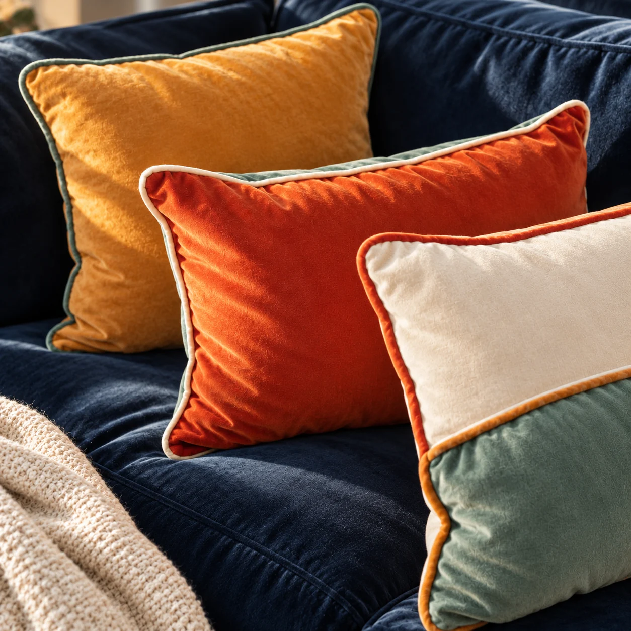 Mustard, orange and cream velvet pillows with contrast piping on a navy sofa.