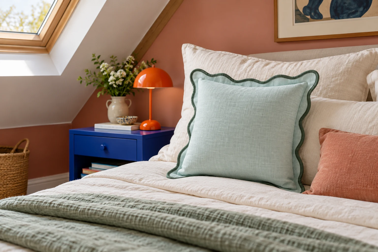 Aqua mint scalloped pillow with dark green piping on a made bed beneath a sloped ceiling.