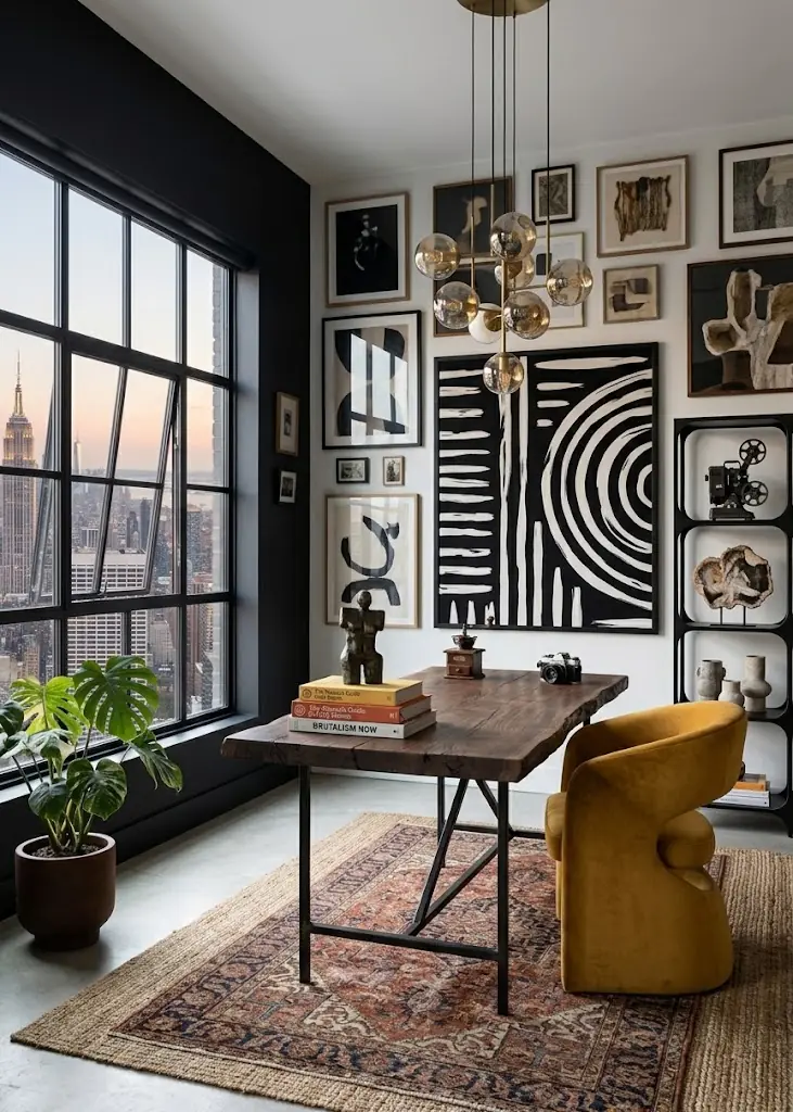 Eclectic home office with a black accent wall and collected artwork