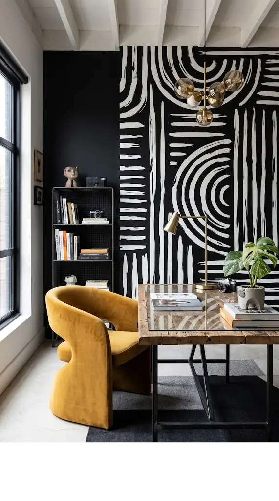 Black-and-white graphic accent wall behind a desk with bold curved line artwork