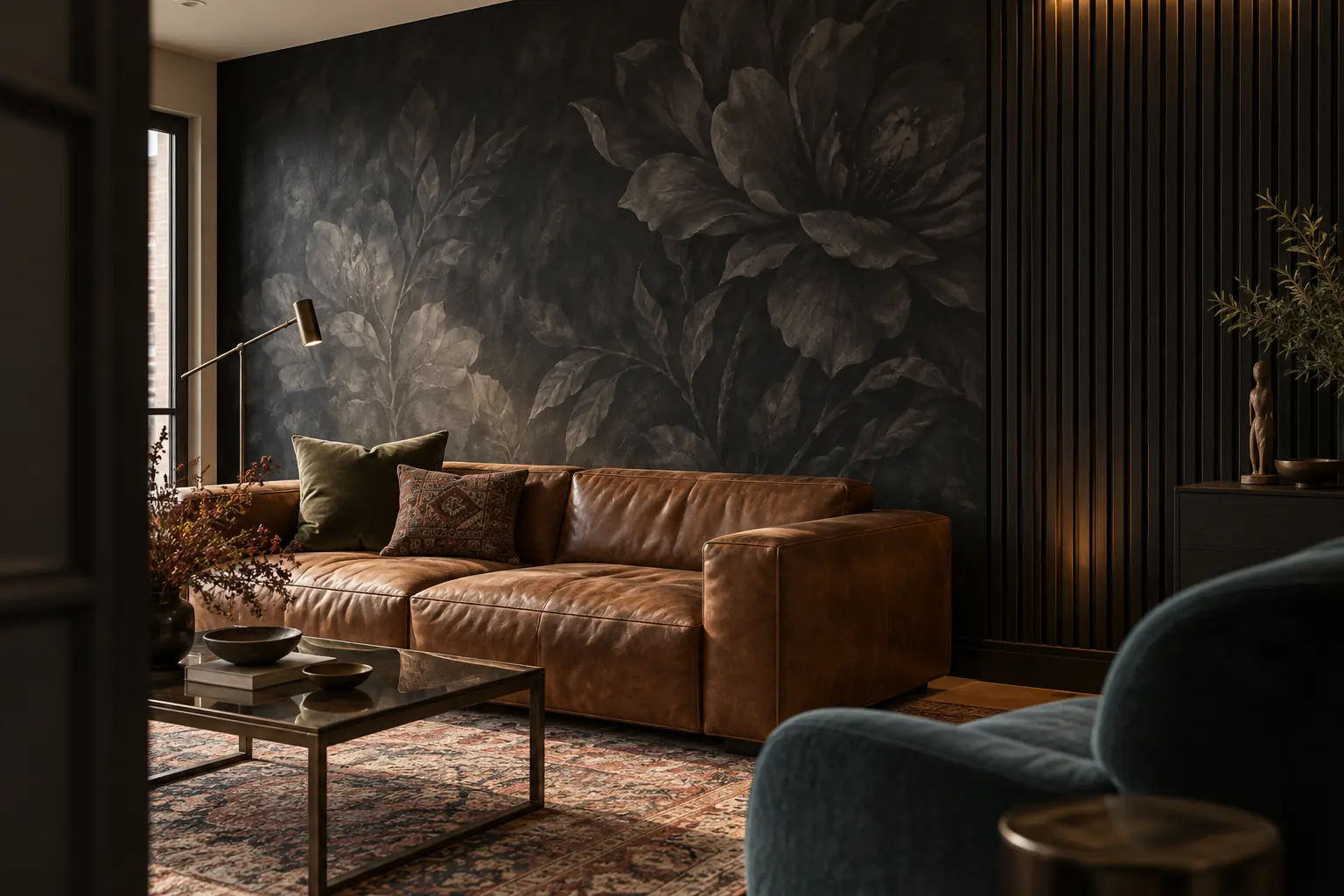 Black floral mural with oversized dark flowers behind a neutral living room sofa