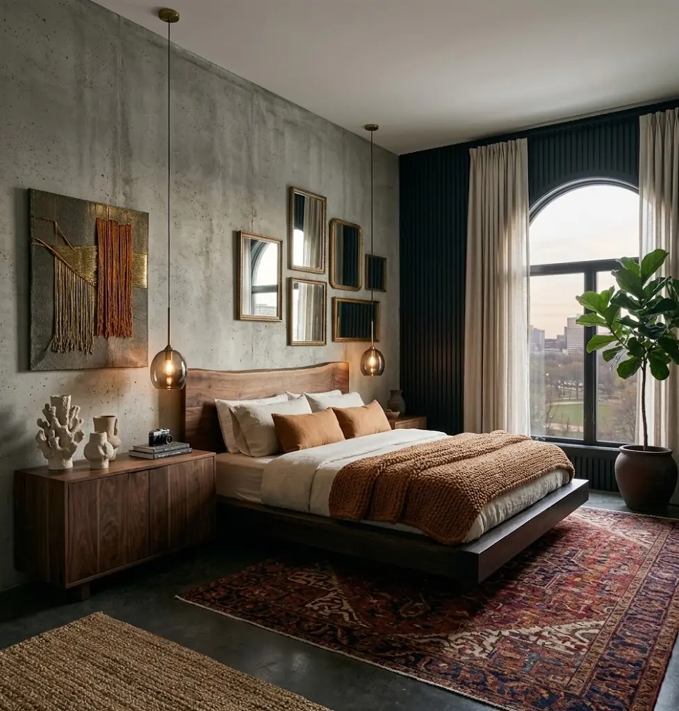Black fluted accent wall behind a modern bed with white bedding and minimal pendant lights