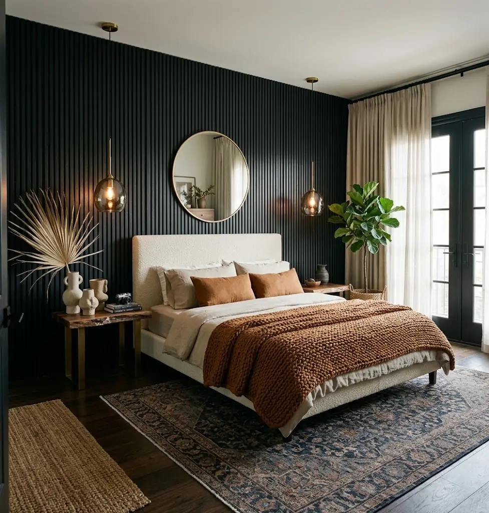 Black fluted bedroom wall paired with cream bedding and a rust-colored throw