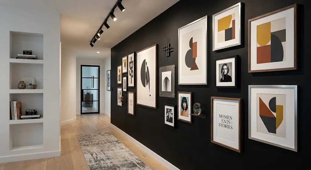Modern hallway with a black gallery wall and directional ceiling lights