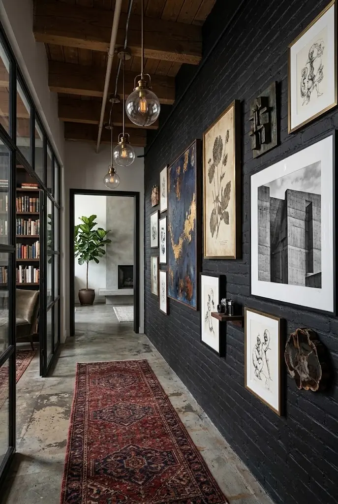 Black painted brick hallway with an eclectic gallery wall and a vintage red runner