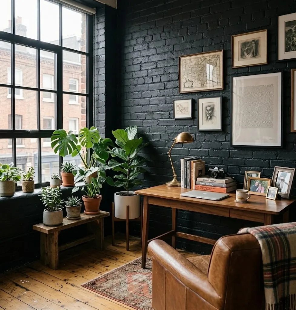 Black painted brick home office with warm wood furniture and houseplants