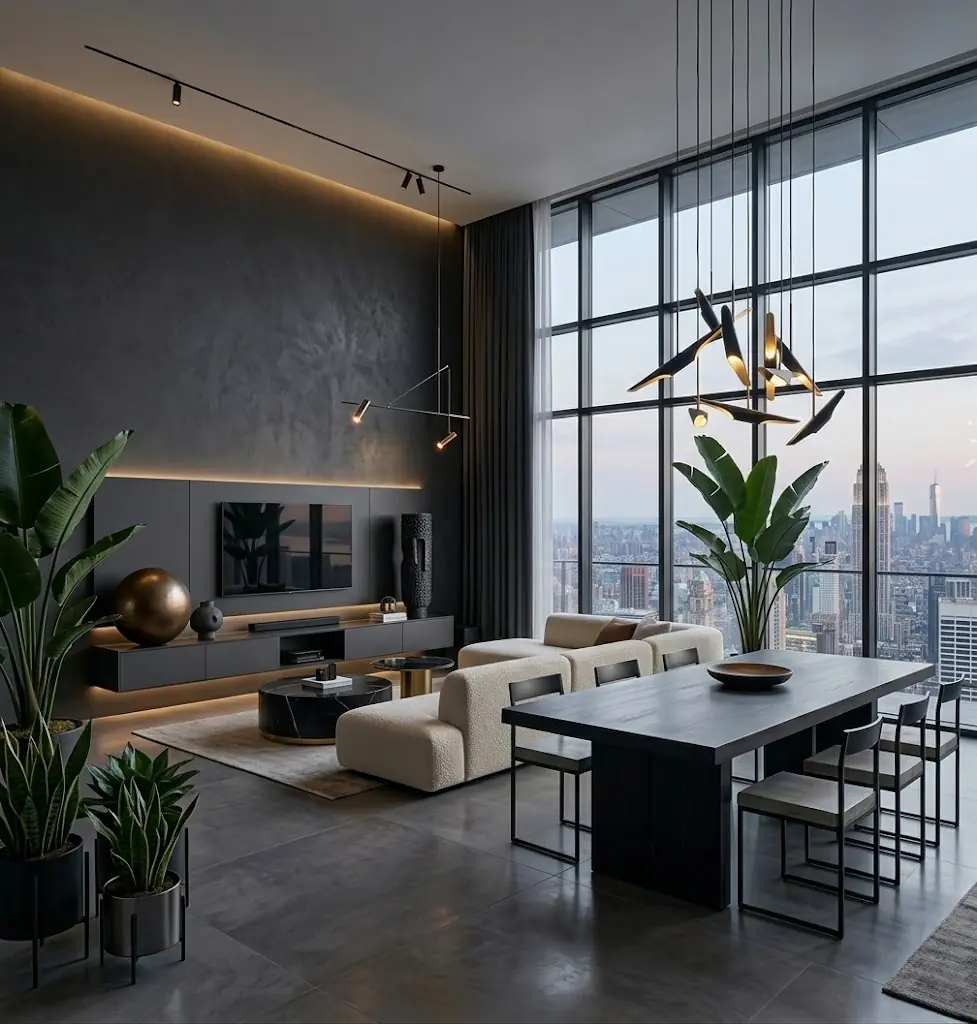 Black plaster TV accent wall in a modern high-rise living room with warm concealed lighting