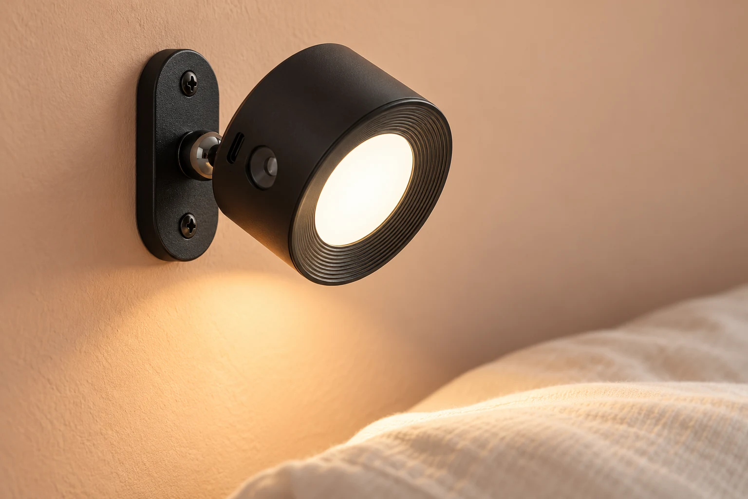 Black wall-mounted reading light glowing beside a bed against a peach-colored wall.