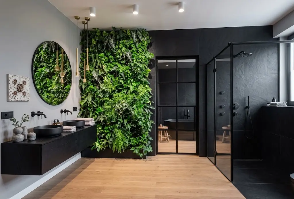 Black tile bathroom wall behind a white vanity and round brass mirror