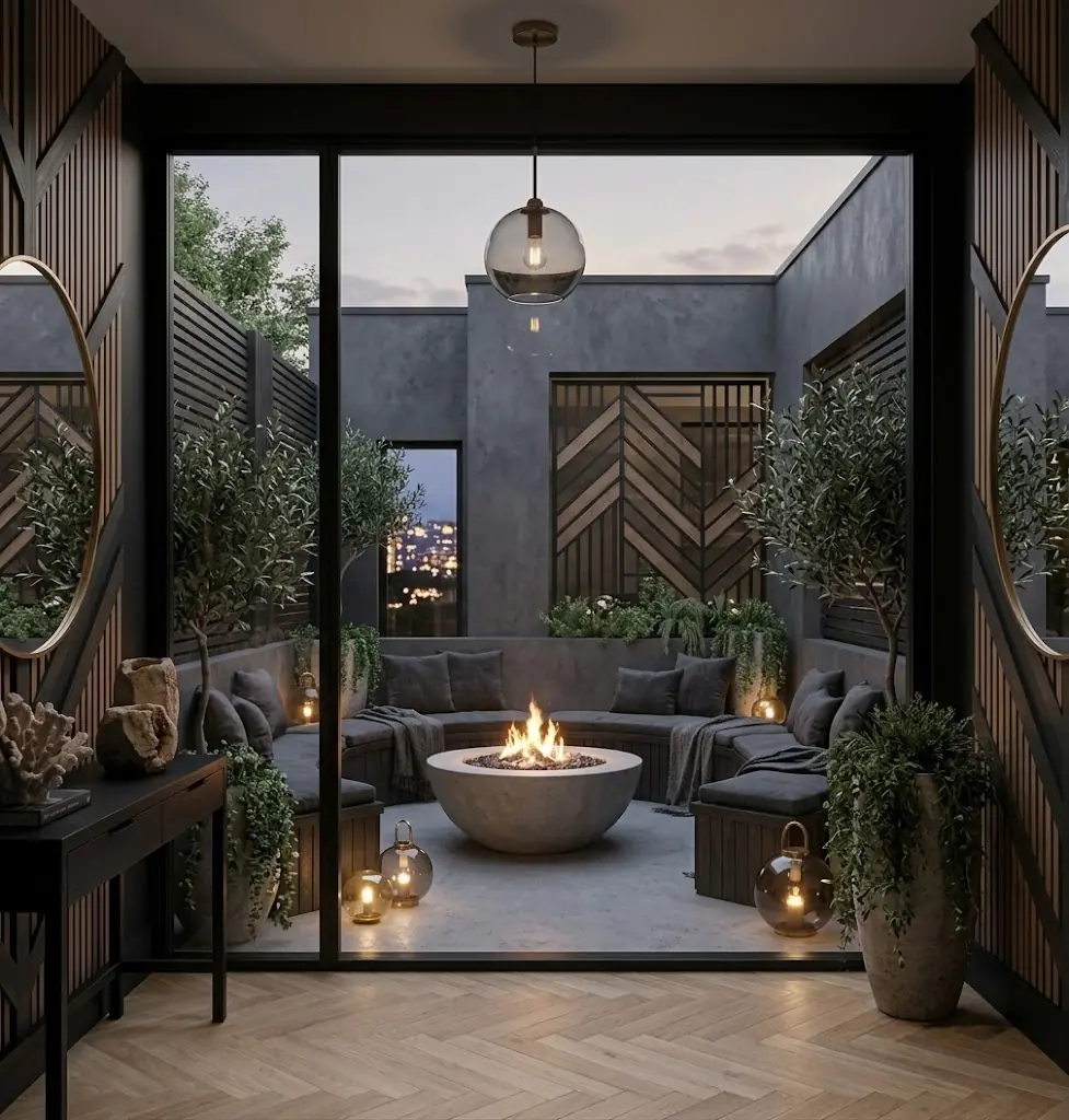 Black wood accent walls framing an indoor-outdoor patio with a round fire pit and built-in seating