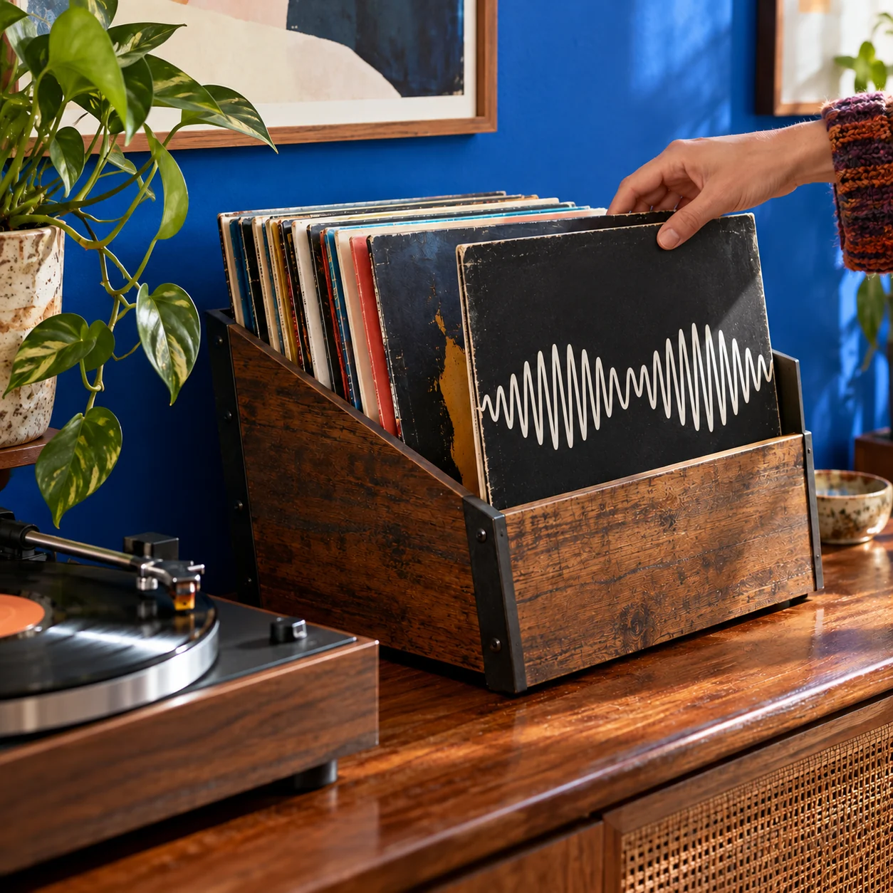 Hand placing a record in a rustic wood and metal holder beside a turntable.