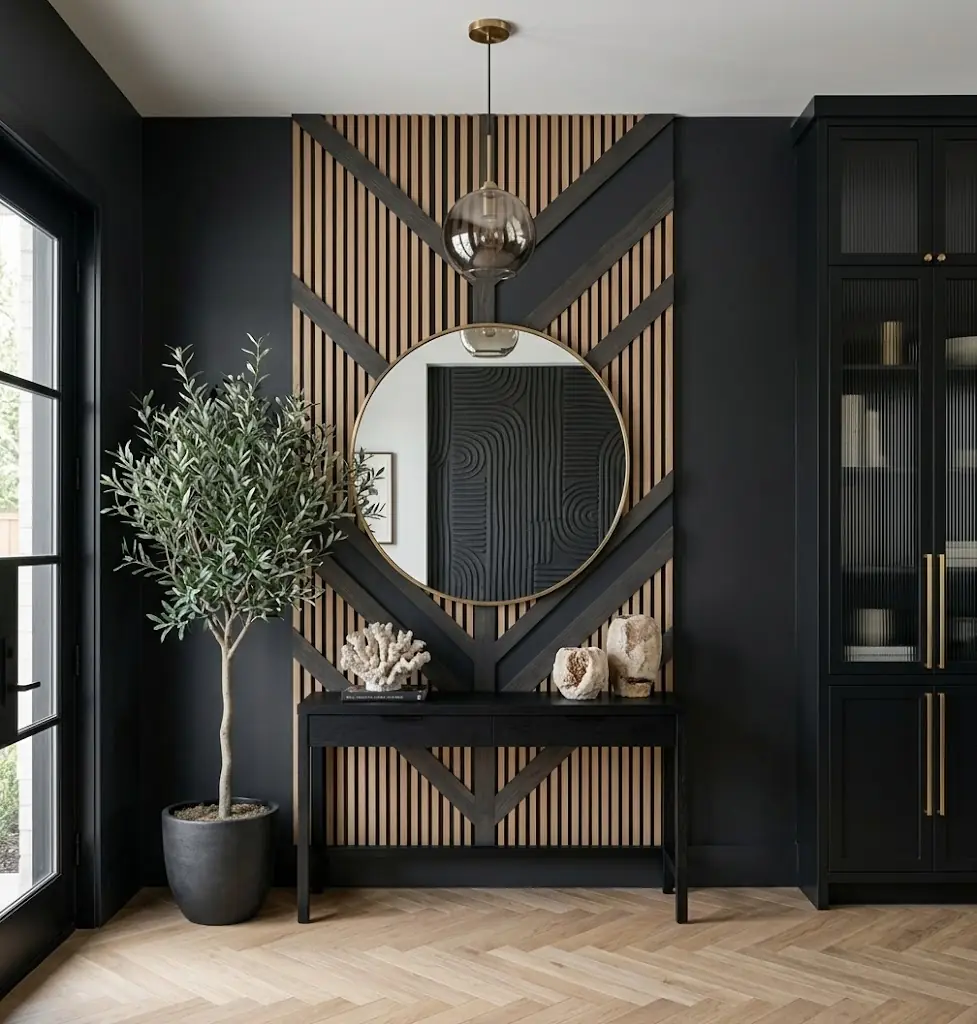 Geometric black and natural wood slat accent wall with a round mirror and slim console table