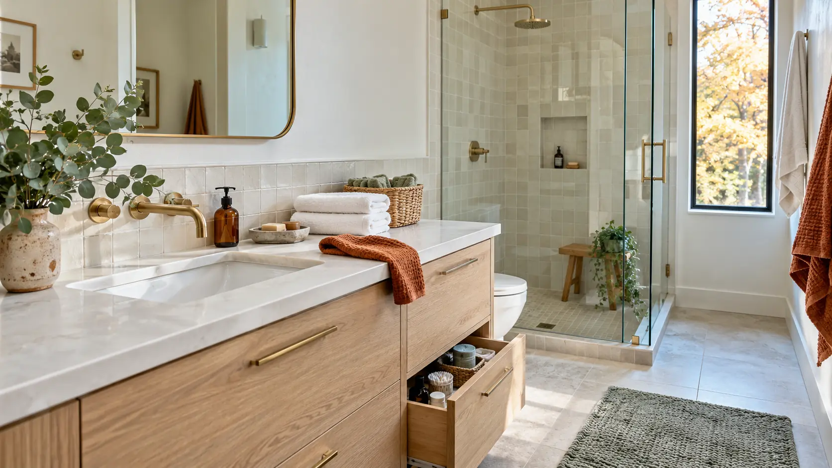 Bright modern bathroom with a pale oak vanity, white tiled shower, rust towels, greenery, and autumn foliage outside the window.