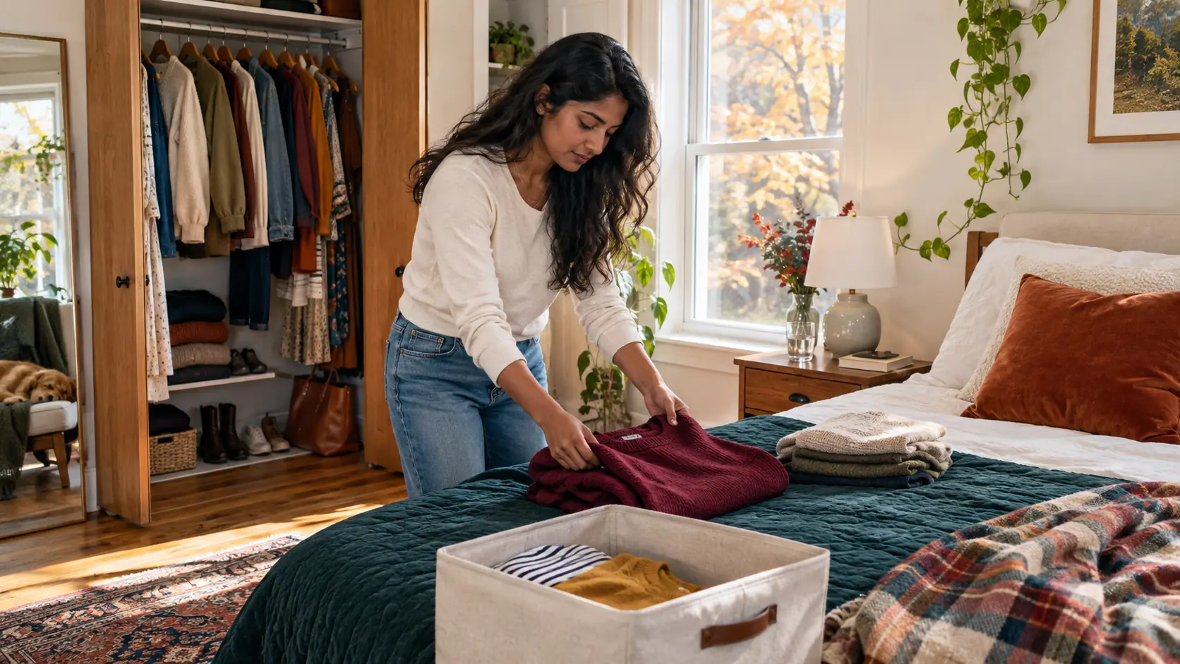 Woman organizing fall clothing beside an open wardrobe in a bright, airy bedroom.
