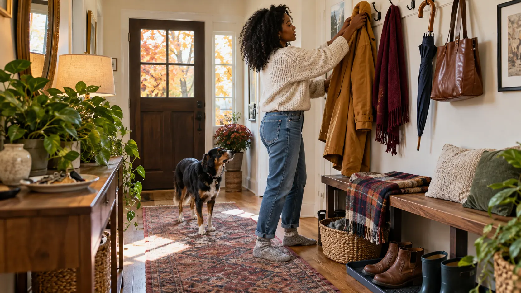 Black woman organizing a bright fall entryway with coats, boots, woven baskets, an umbrella, and her dog nearby.