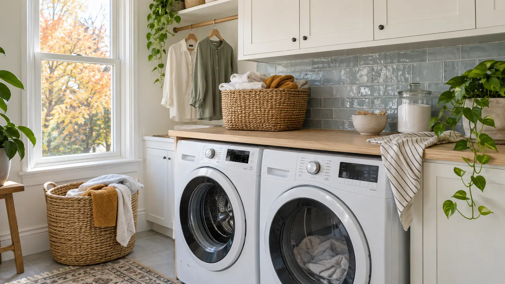 Bright modern laundry room with white appliances, blue-gray tile, woven baskets, greenery, and ochre towels.