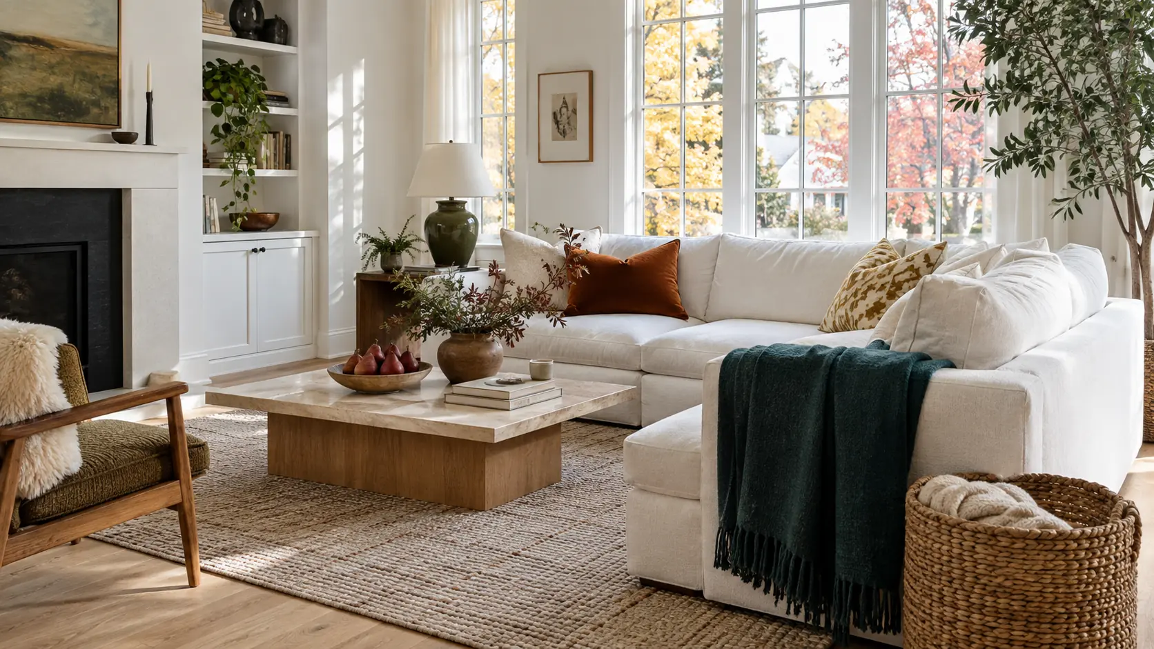Modern white living room with warm wood furniture, a deep teal throw, rust cushions, greenery, and colorful autumn trees outside.