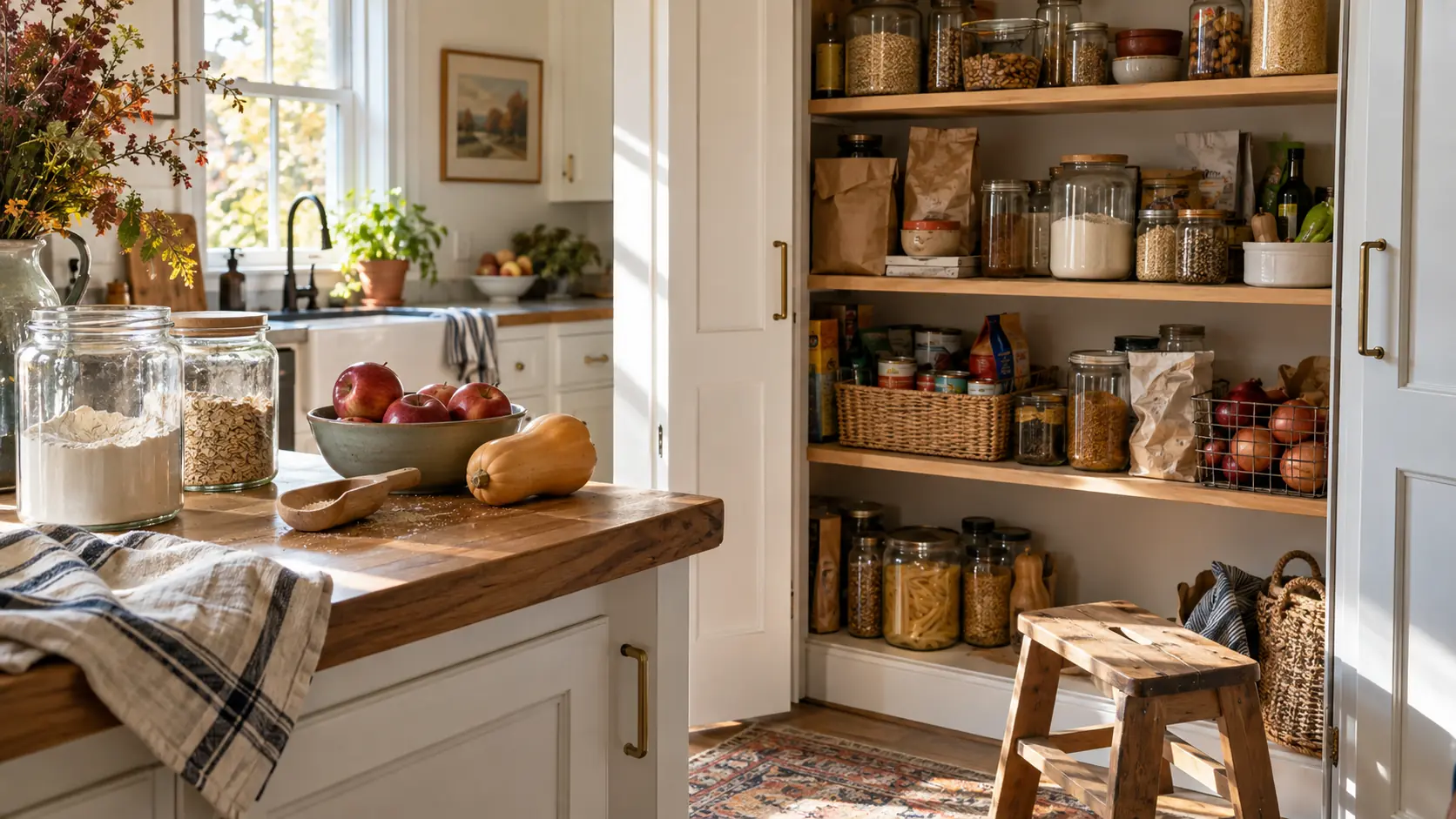 Sunlit kitchen pantry organized with glass containers, woven baskets, apples, baking ingredients, and a butternut squash.