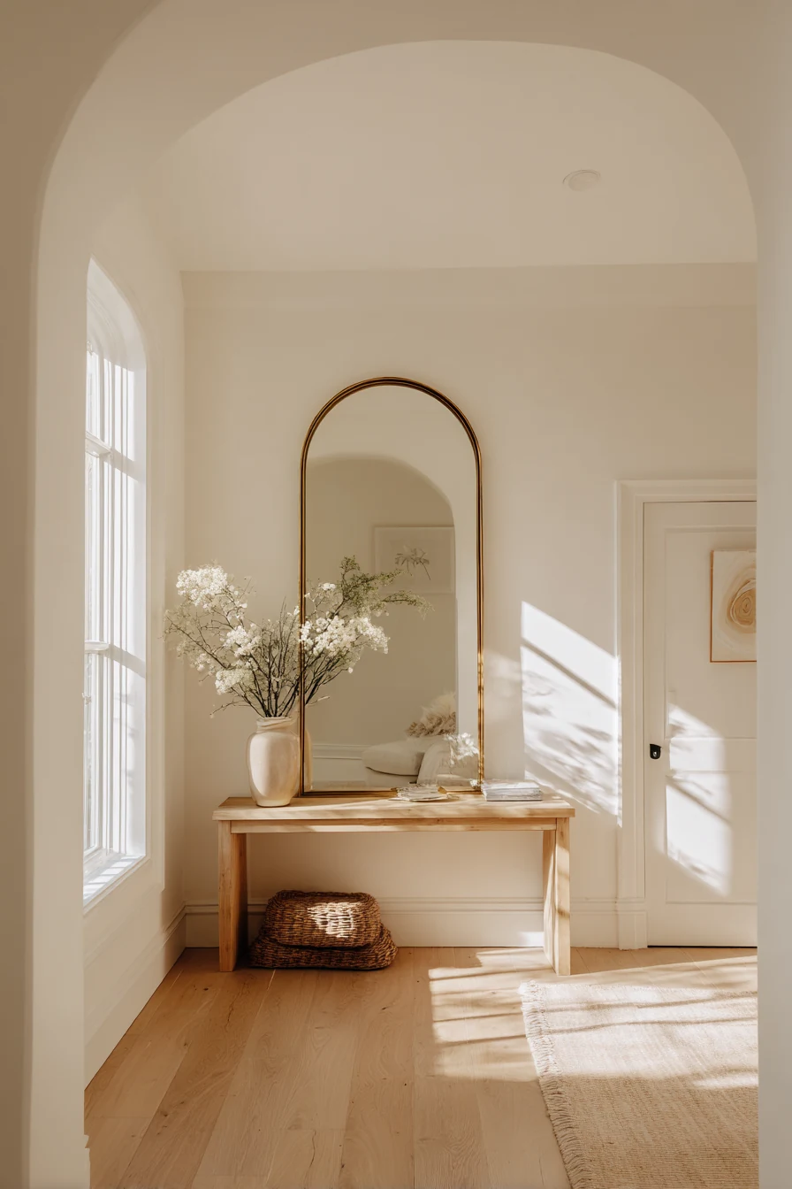 How high to hang a mirror: arched mirror at eye level above a wooden entryway console