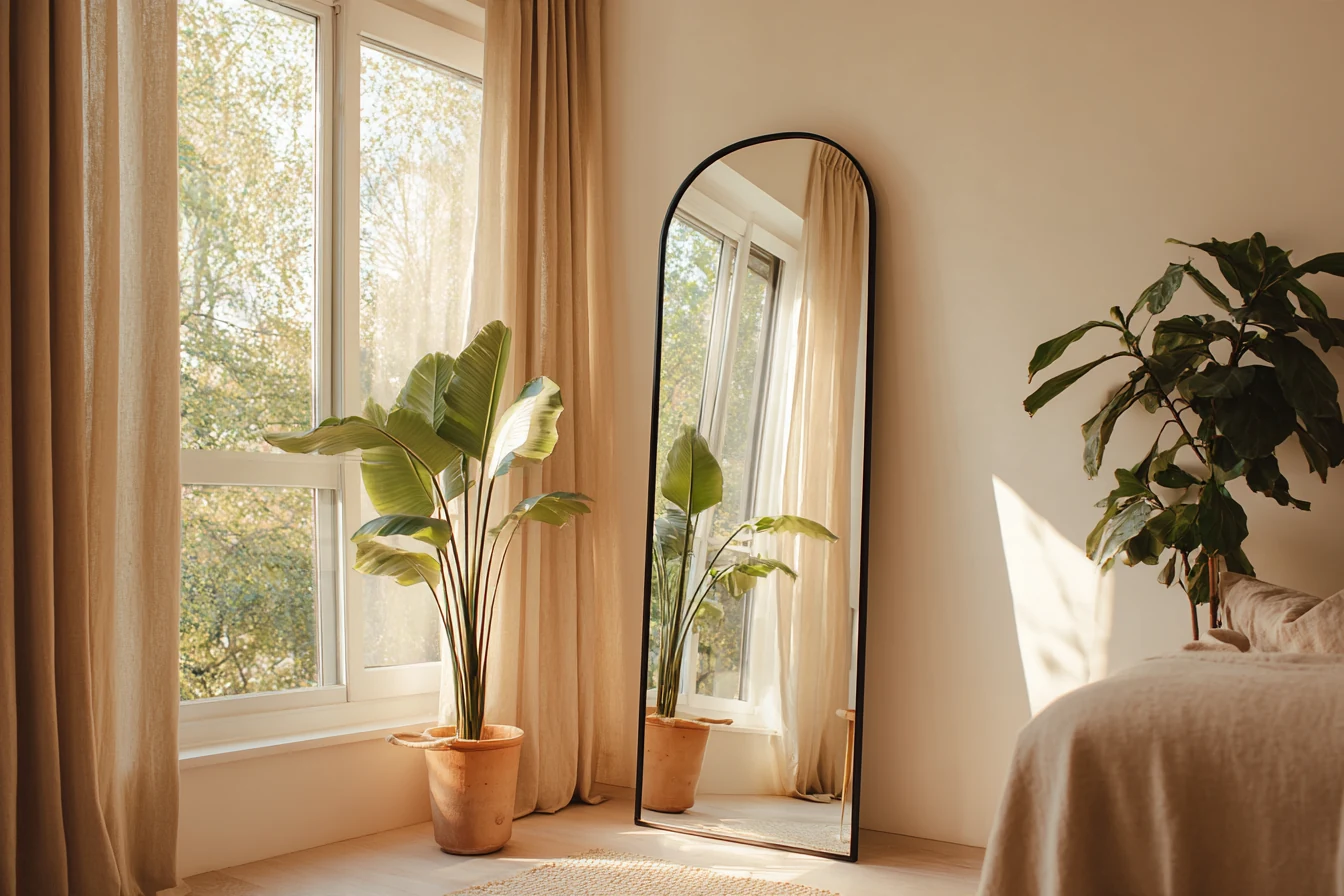 Arched floor mirror beside a window reflecting daylight and indoor plants