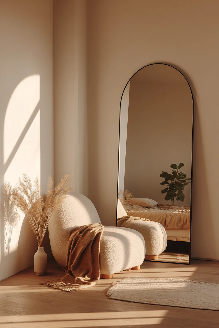 Arched floor mirror in a neutral bedroom reading corner