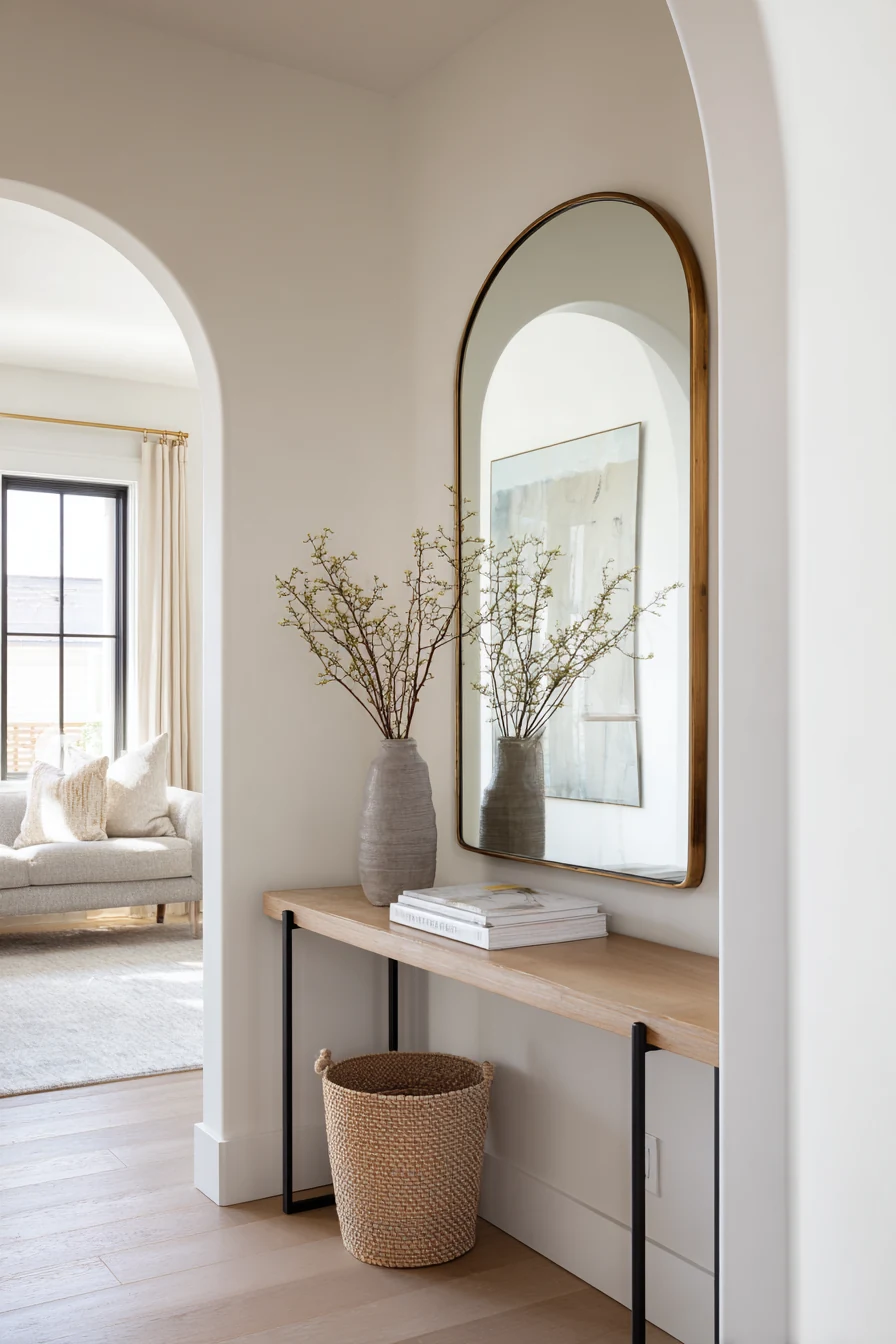 Arched hallway mirror above a slim console with a woven basket