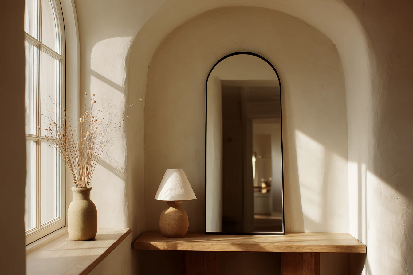 Arched mirror in a recessed entryway alcove