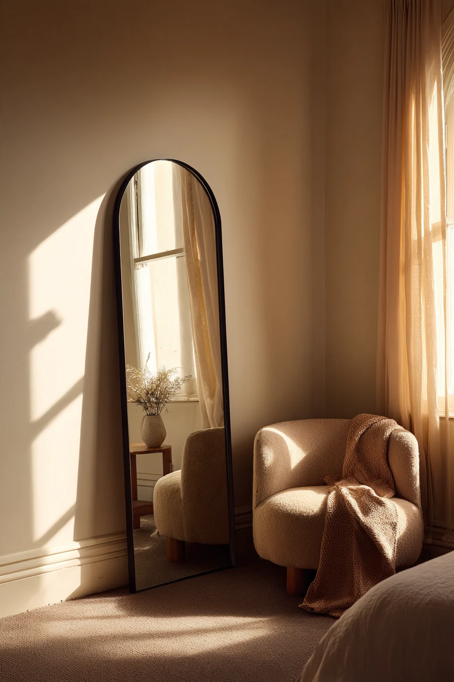 Black arched floor mirror leaning beside a cozy armchair