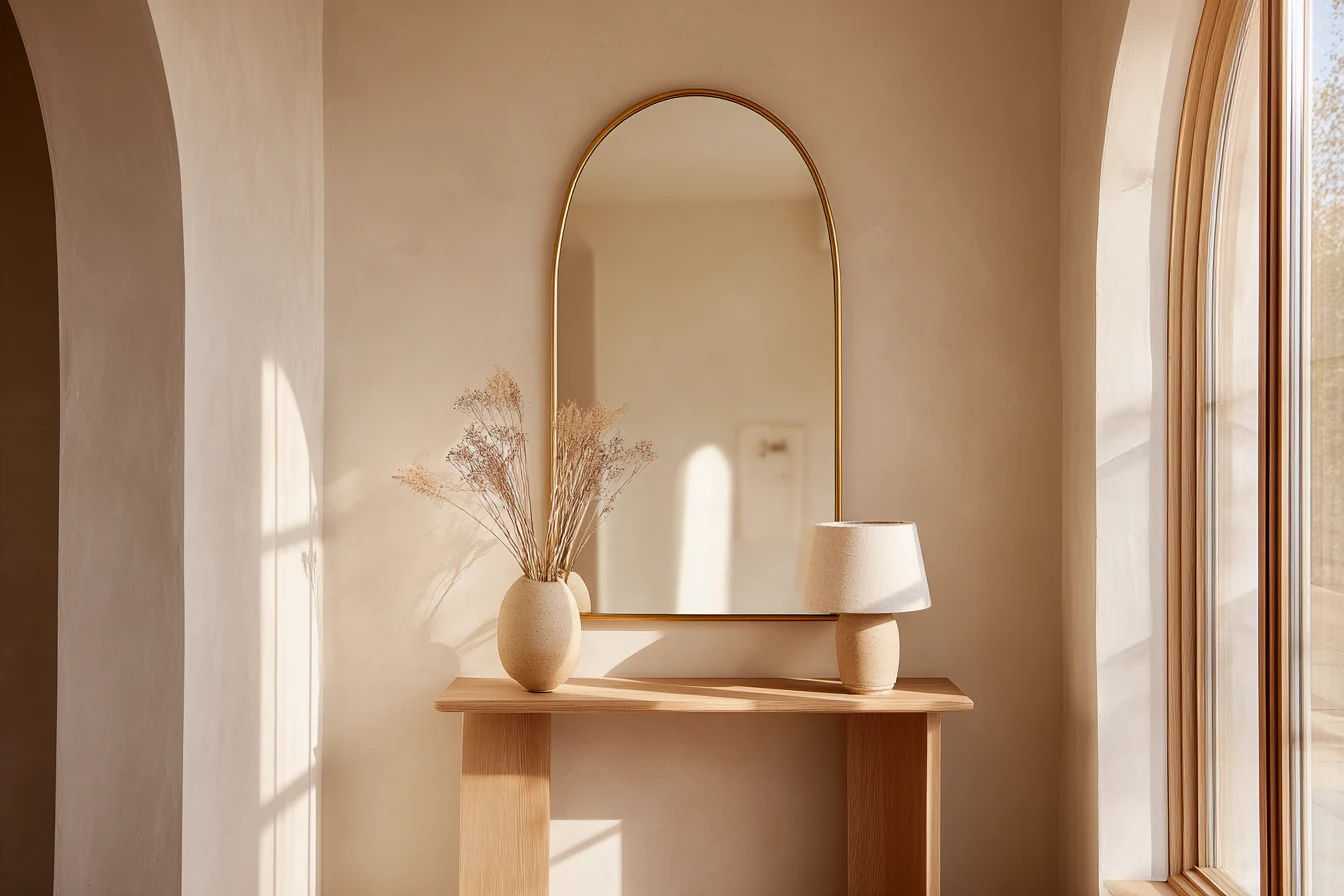 Brass arched mirror above a console with a lamp and dried flowers