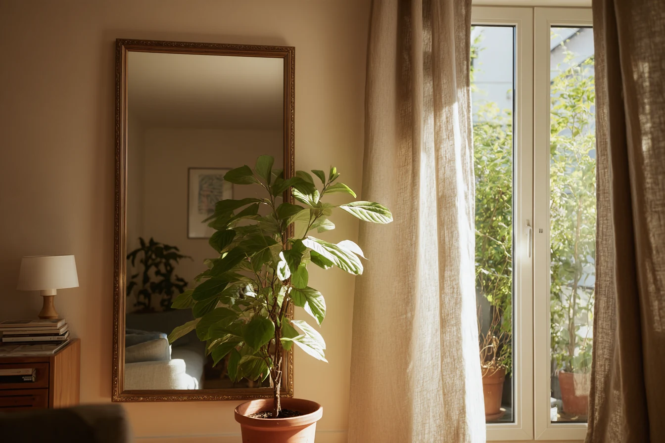 Large wood-framed mirror styled with an indoor plant