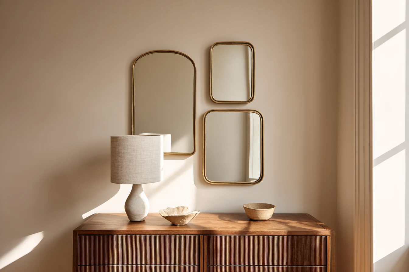 Mixed-shape mirror gallery wall above a wooden console