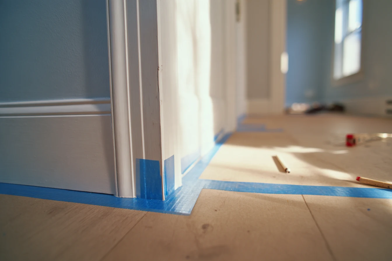 Floor protected with kraft paper and painter's tape before hanging a mirror