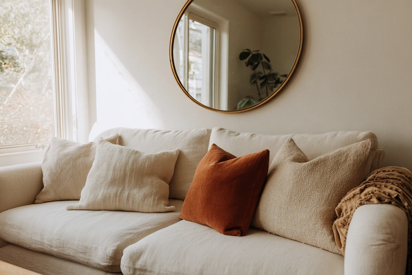 Round brass mirror hung above a cream sofa with a small gap between them