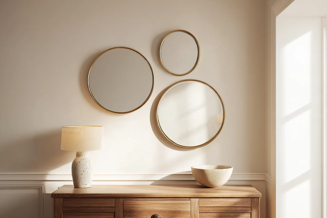 Round mirror gallery wall above a wooden sideboard