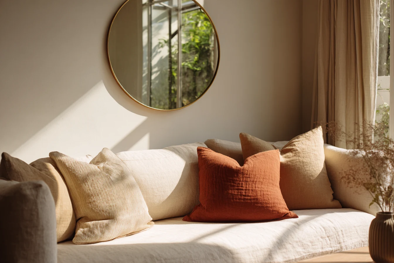 Round wall mirror hung at eye level in a sunlit neutral living room