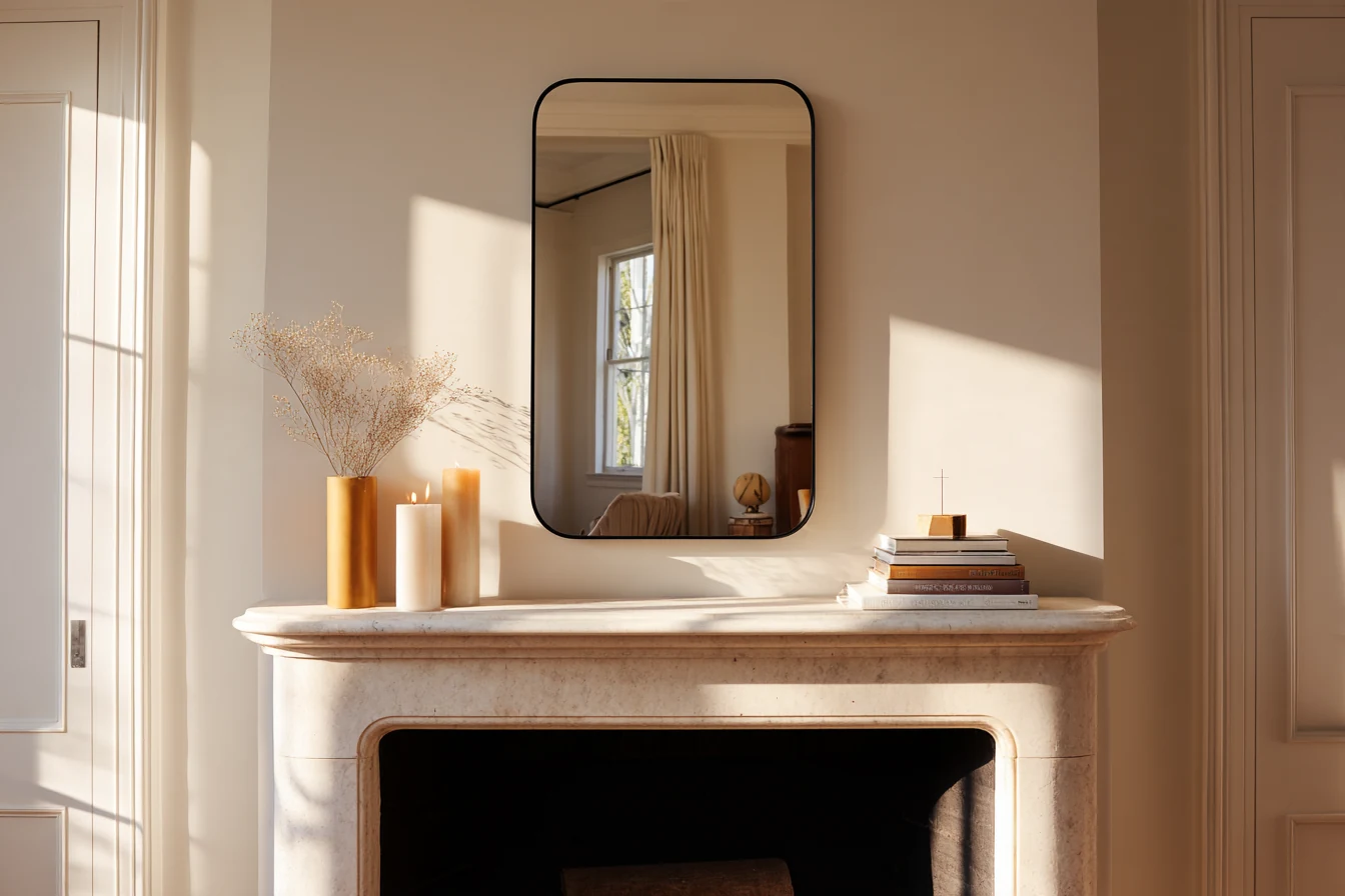 Rounded rectangular mirror hung above a fireplace mantel